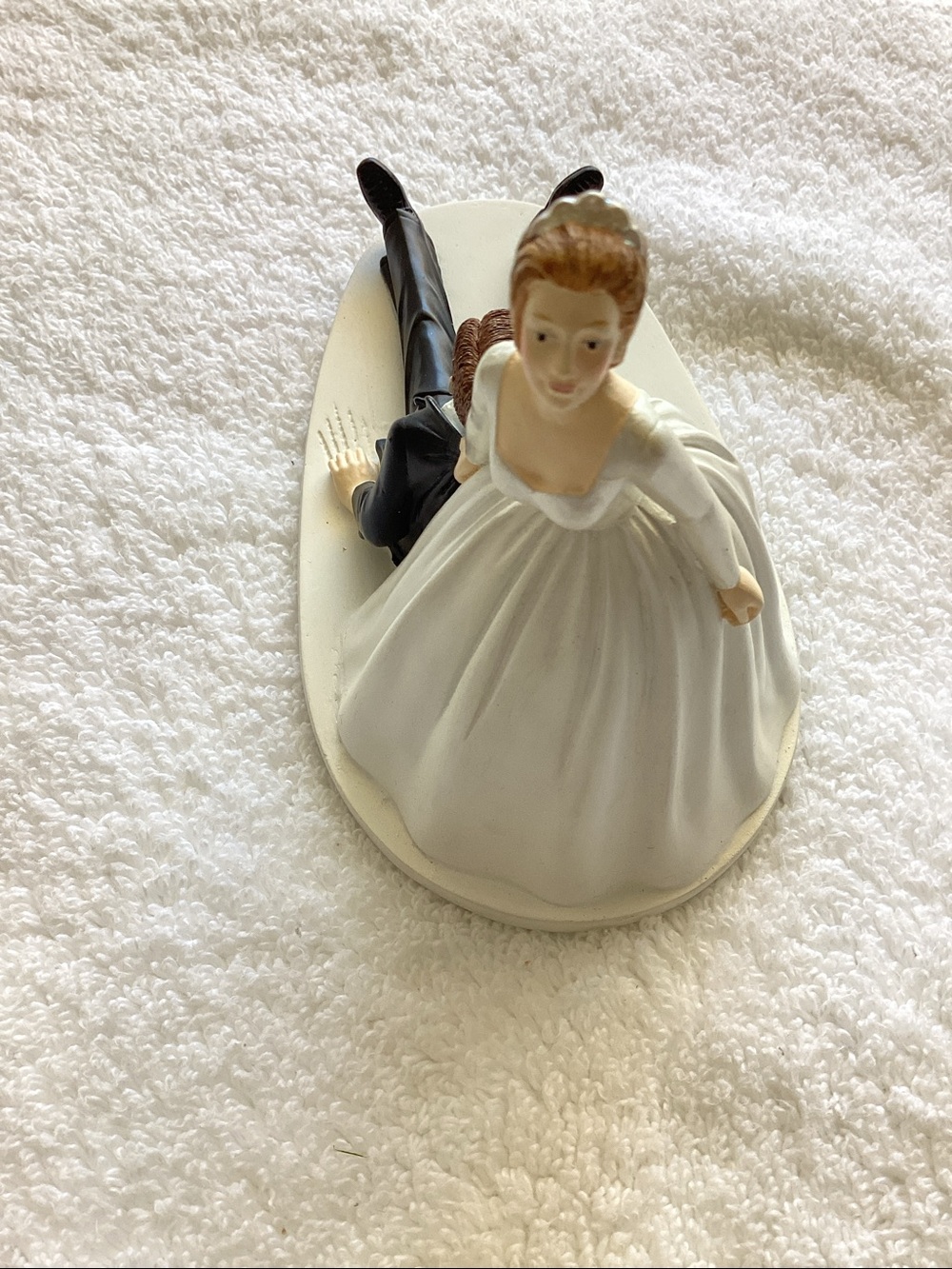 Playful Bride Pulling Groom Wedding Cake Topper – White & Black - Picture 2 of 3